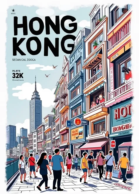 Dual tone, A Collage of Hong Kong Building,  Hong Kong Street and People ,  32K Wallpaper, poster, modern illustration, (((collage))), travel elements, Best Quality 