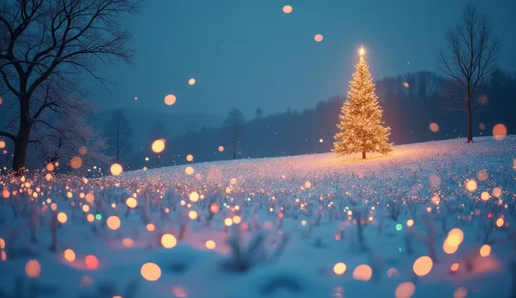  A serene and magical scene of a snow-covered meadow illuminated by thousands of glowing Christmas fireflies. Each firefly emits a soft light of red, green, or gold, creating a beautiful tapestry of color against the white snow. In the background, a large,...