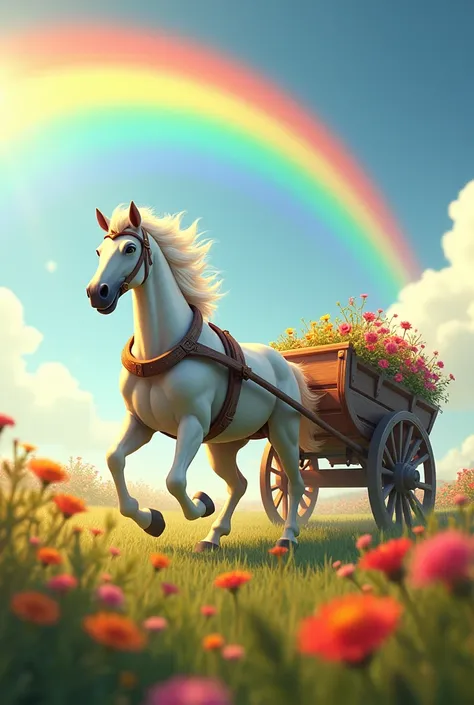 White horse galloping harnessed to a cart in a field, field with many flowers, rainbow 