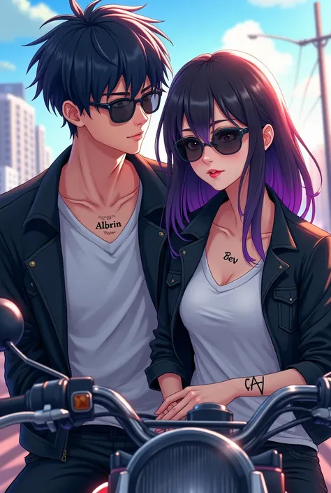 Create a Korean boy with a black purple hair wearing a white shirt and black jacket sitting at motorcycle with sunglasses and have a tattoo name aldrin at his neck with a Korean girl wearing a white shirt and black jacket and have a BIG tattoo bev in his n...