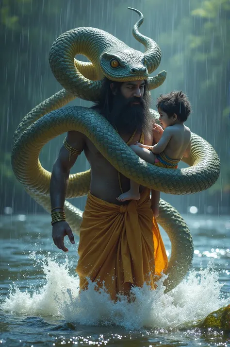 Vasudev crossing his child(little krishna in blue colour child) yamuna river with split river into two parts and 100 heads shake is protects from rain