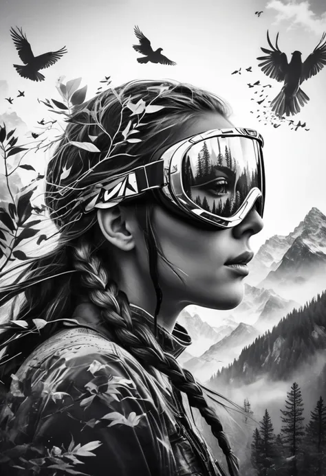 Triple exposure of the silhouette face of a woman with long braids wearing  and shiny motocross goggles , mountains, birds in the air, nature beauty and wonder, magical, majestical, ,branches with leaves details realistic,with a touch of 80s like poster ,b...