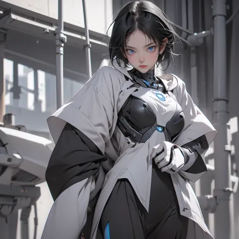 1girl, short black hair, blue eyes, full robotic body, cyberhlemet, 8K, Hi-Res, Ultrasharp