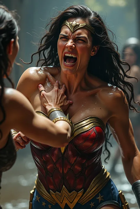 portrays a powerful, action-packed scene where a sweaty muscular Wonder Woman is being punched in the stomach by another woman. Wonder Womans face contorted in pain and sickness. Wonder Womans mouth is open as she retches - with a lot of water and saliva c...