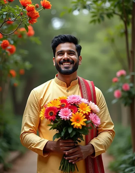 a handsome indian man with loughing holding a flower bouquet background beautiful flowers tree and gorgeous nature,