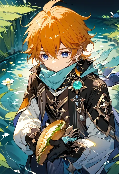 masterpiece, Best quality, Tortilla (genshin impact), gloves, a mask, male focus, 1 boy, Blue eyes, black gloves, One, orange hair, bang, water, Jacket, hair between eyes, Jewelry, scarf,