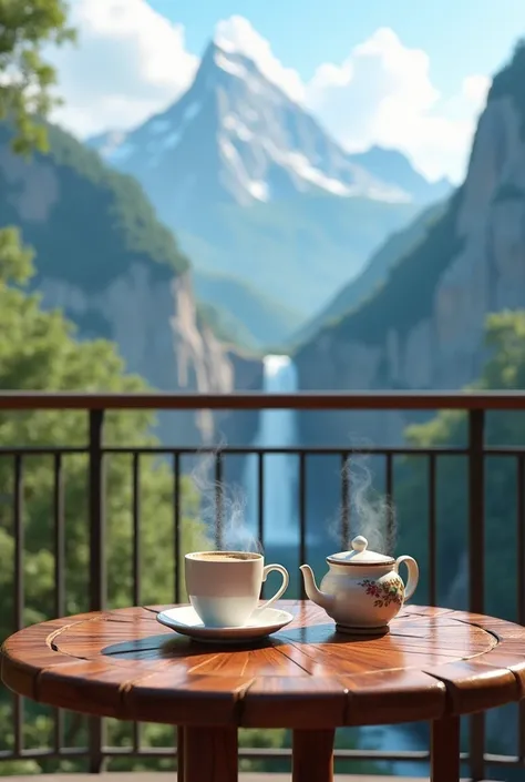 A beautiful balcony with a beautiful table on top, two cups of hot coffee with coffee smoke and a teapot, in the background a beautiful mountain with a waterfall 