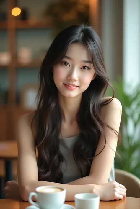 Korean Beauty、Long Hair、Baby Face、Cafe、Sleeveless、Natural image quality