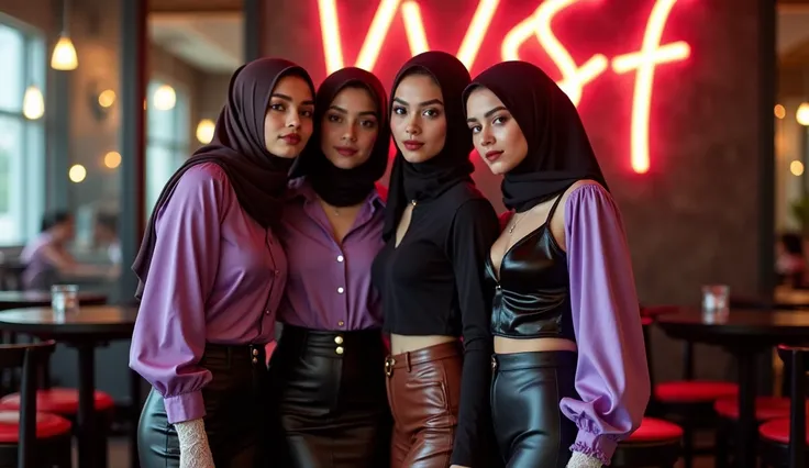 a group of snuggling petite young female students, snuggling jezebel, wear a violet glossy satin blouse with button-placket and a glossy black satin vested tank top with button-placket and a long wetlook glossy satin hijab, wearing a leather skirt and whit...