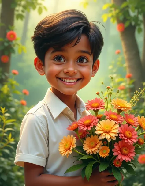 a handsome indian boy with cute loughing holding a flower bouquet, boy wearing white shirt,  background beautiful flowers tree and gorgeous nature,