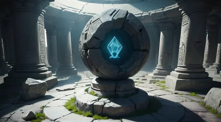 (((Masterpiece)), HDR, surround light, Half Shadow, Depth of field, Best Work of Art Station, underground Ruins of an alien civilization on an alien planet. Stone black portal ring on a stone white pedestal, Stones with alien drawings and diagrams, Alien h...