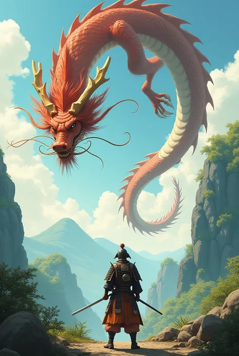 Moving lively chinese Long dragon flying with a japanese samurai standing in front of the dragon, art design