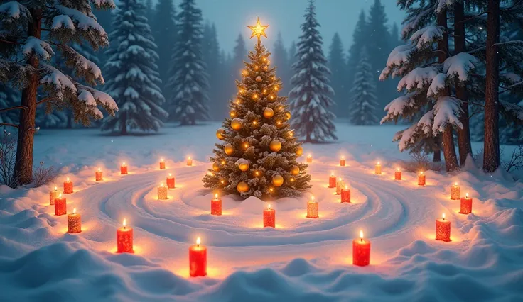 Create a peaceful and enchanting scene of a snow-covered labyrinth made entirely of glowing candles, set in a quiet, snowy clearing within a pine forest. The candles are placed inside red and green lanterns, forming a maze-like path that winds through the ...