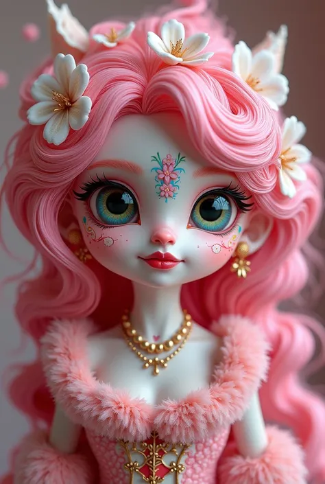 The hair color of the Pontanju hair is pink, with flower and feather decorations on the head, a colorful flower patch on the face, red colored lip color, and a rococo dress with pink as the main color.