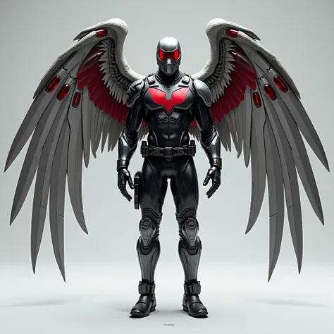 “Generate an image of Falcon in his high-tech wing suit, with metallic retractable wings fully extended. His suit is sleek and tactical, featuring black, red, and silver colors with armor plating around the chest and arms. The wings should be silver with r...