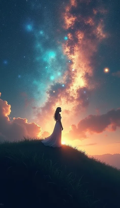 A beautiful woman&#39;s silhouette standing on a hill where fantastical and beautiful COSMOS blooms　Real　4K8K　high resolution