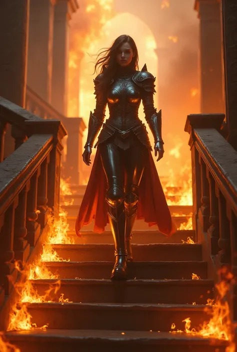 a woman in armor walking down a burning staircase