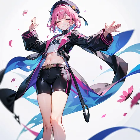 1girll，solo，[[[full bodyesbian]]]，standing on your feet，（pink short hair），(Heads-up)，（beret），（Pink and black punk jacket） ，（（Short hot pants）），ssmile，Waving，((Squint and smile))，Fluttering petals，[White background 1：：5]，flatchest，Toddler body type，Short he...