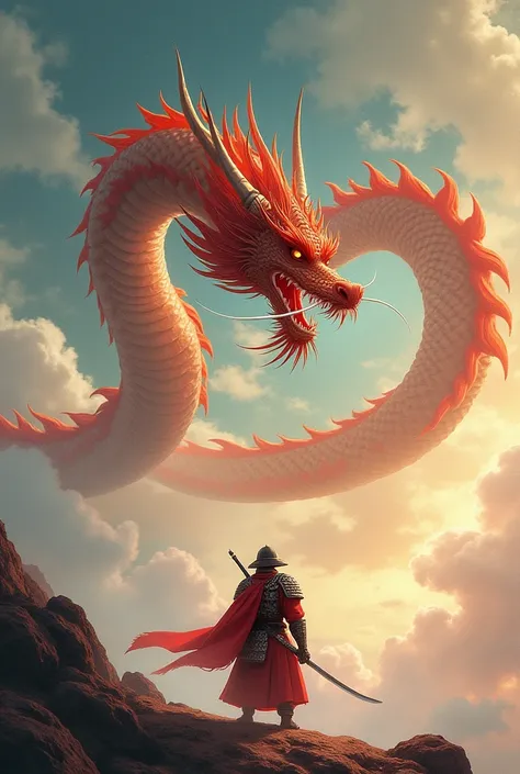 Moving lively fierce chinese Long dragon flying with a japanese samurai standing in front of the dragon facing front, art design