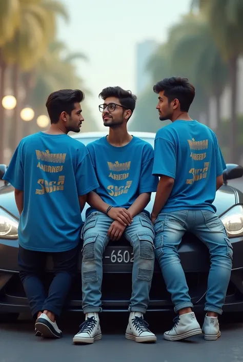 Create a 3d Illusion 20 year old boy with 2 friends  wearing blue oversize tshirt and cargo pant sit in luxury cars and the name "Subhan" ."Areeb" and "Shez" on the shirt back 