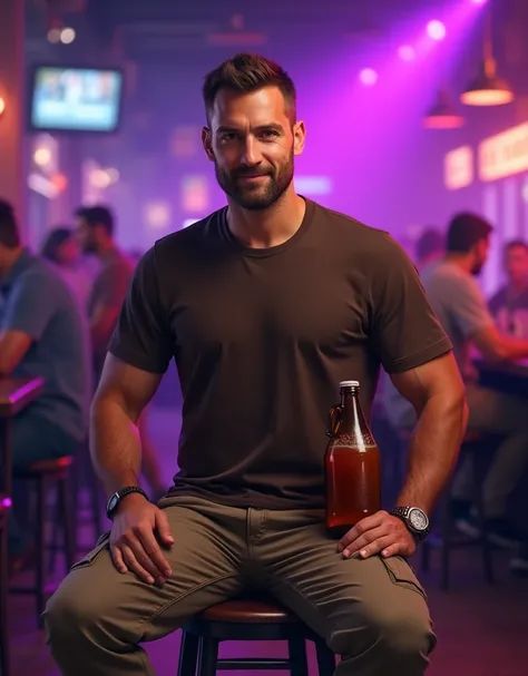 Realistic ,handsome man 45 years under cut brown hair, wearing  dark brown t-shirt and khaki cargo pants, sitting on a stool, beer jug, purple spotlight on the background, some tourist, purple bar atmosphere 