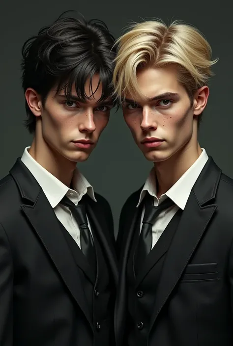 Create a torso-length image of a pair of twin adult boys, looking at the screen with a very menacing and serious look, one will have dark hair and the other will have lighter hair, hazel eyes, both 20 years old, and with moles on the face