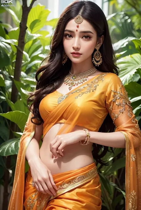 beautiful detailed eyes, beautiful detailed lips, extremely detailed eyes and face, long eyelashes, 1girl, elegant orange bridal saree, intricate golden embroidery, beautiful ornate jewelry, serene facial expression, flowing hair, sunlight, nature scenery,...