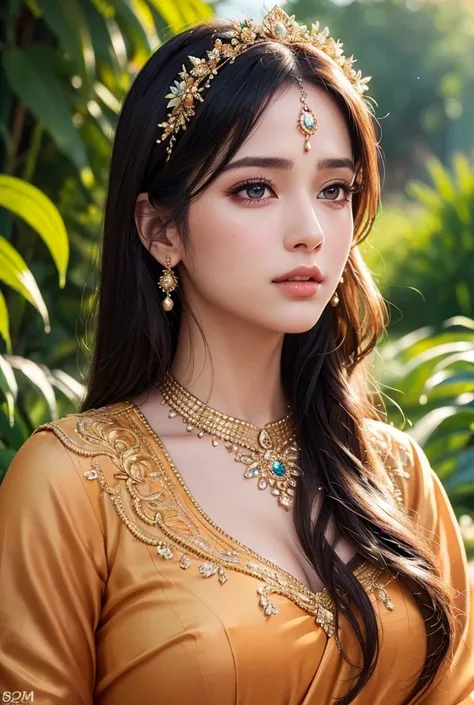 beautiful detailed eyes, beautiful detailed lips, extremely detailed eyes and face, long eyelashes, 1girl, elegant orange bridal saree, intricate golden embroidery, beautiful ornate jewelry, serene facial expression, flowing hair, sunlight, nature scenery,...