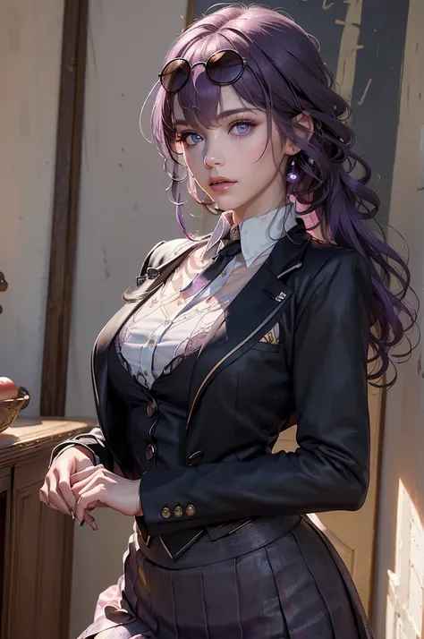 realistic,( photo-realistic), ultra hires, (masterpiece, top quality, best quality, official art, beautiful and aesthetic, raw photo:1.4),(high detailed skin:1.2), ultra realistic, 32k,
1girl,  kafka, purple eyes, purple hair, eyewear on head, sunglasses, ...