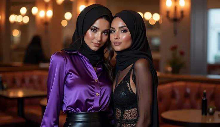 a group of touching petite young female office secretaries, snuggling jezebel, wear a violet glossy satin blouse with button-placket and a glossy black satin vested tank top with button-placket and a long wetlook glossy satin hijab, wearing a leather skirt...