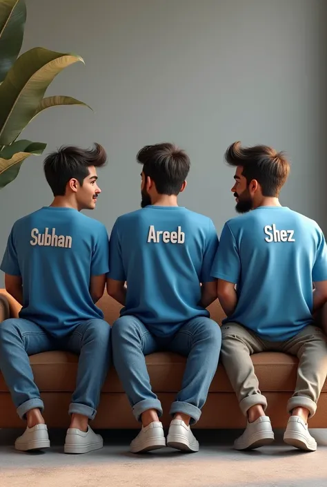 Create a 3d Illusion 20 year old boy with 2 friends  wearing blue oversize tshirt and cargo pant sit on luxury chair and the name "Subhan" ."Areeb" and "Shez" on the shirt back 