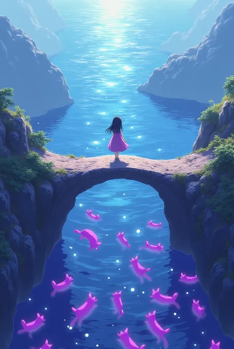 A girl standing on bridge and ocean filled with purple cats