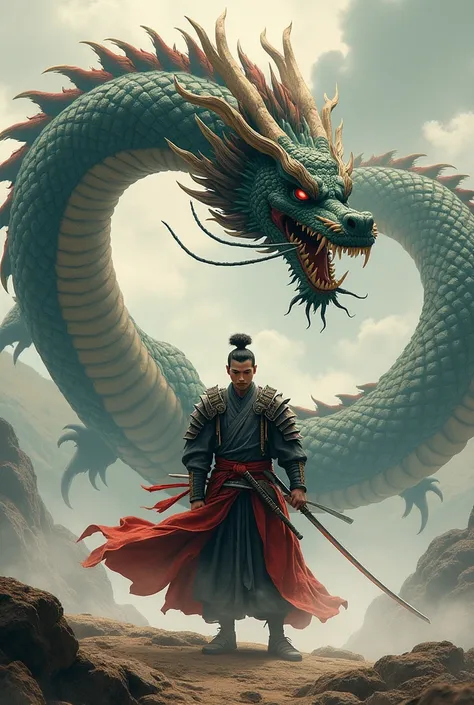 Moving lively fierce chinese Long dragon flying at the back of a japanese samurai standing , the japanese warrior legs is between the dragons body, holding a samurai facing front, art design