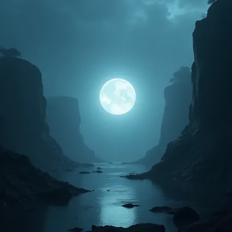 "Create a surreal, dark-themed landscape featuring a glowing, spherical object floating in a mystical environment. The sky should be an ethereal shade of blue with misty clouds, while the ground beneath has dramatic cliffs or a waterfall cascading into a c...