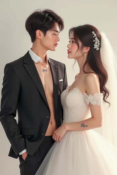 A korean boy wearing a open button formal suit with a tattoo name Jhay have a dimple on his cheeks and a girl wearing a wedding gown and have a tatto name Bev have a dimple on her cheeks