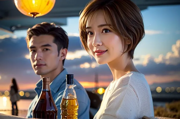 (Realistic, 超Realistic:1.4), 16k hdr, High resolution,Brown short hair,The best smile、blue、Slim couple、Model Couple、Japanese actress,Super Beauty(Like the real thing),Short sleeve dress,Whiskey Bottle、The Macallan、Johnnie Walker、、Old Parr、whiskey、Suntory、N...