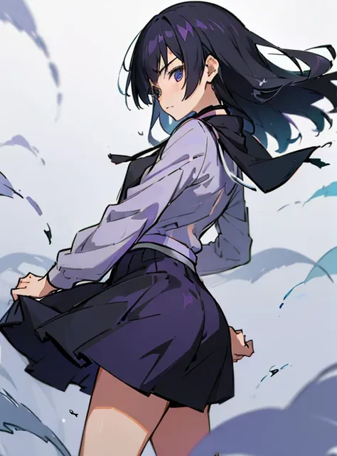 a girl with long black hair , purple skirt  , and lavender half sleeved shirt , color