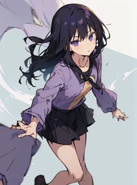 a girl with long black hair , purple skirt  , and lavender half sleeved shirt , color