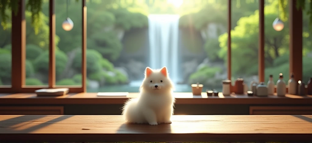 Front view of the counter seats　High-end sushi restaurant　A Japanese garden can be seen from the counter　Waterfall flows　There is no one　A white Pomeranian is sitting at the counter and the back of its head is visible.　Realistic　simple
