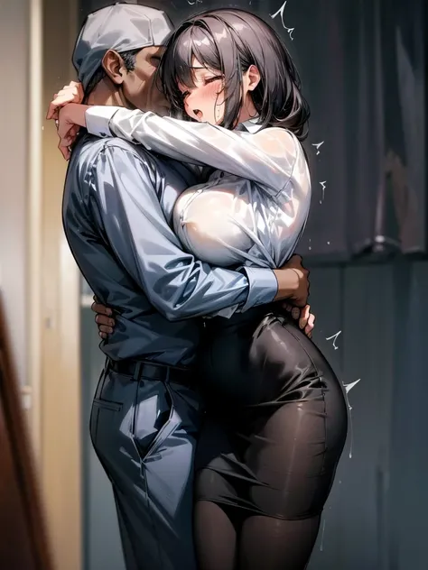 (One girl, A black skin middle-aged man:1.2), pantyhose, pantyhose, White shirt, Pencil Skirt, blush, French kiss, hug, Ultra Big Breasts, close your eyes, office, Very detailed, High resolution, 4K, masterpiece, High resolution、(tears:1.2)、(Sex:1.3)