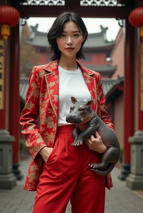 A photorealistic image of an Asian woman wearing a red adapted Chinese-style blazer with decorative patterns and wide-leg pants, with a white t-shirt inside, sitting coolly in front of a Chinatown gate adorned with Chinese art, with ancient Chinese buildin...