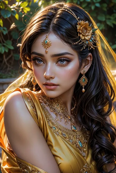 beautiful detailed eyes, beautiful detailed lips, extremely detailed eyes and face, long eyelashes, 1girl, elegant orange bridal saree, intricate golden embroidery, beautiful ornate jewelry, serene facial expression, flowing hair, sunlight, nature scenery,...