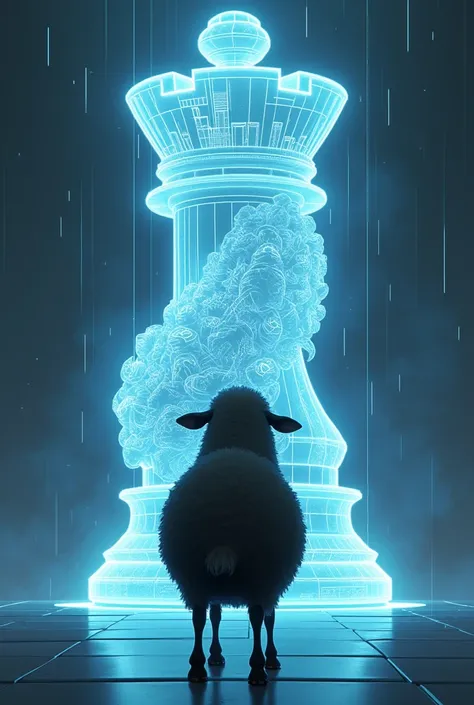 "Your Name" art style. A black sheep look at a hologram chess game looking up. Perspective is from the back of the sheep 
And chess game is big compared to sheep
