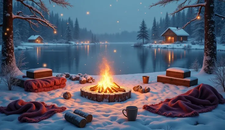 Create a unique winter scene of a fire pit set on a frozen lake, surrounded by logs covered with cozy blankets. The fire crackles and glows warmly, its light reflecting beautifully on the ice, creating a mesmerizing visual effect. Nearby, marshmallows on s...