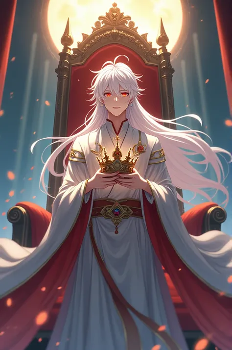 anime man with white hair and red eyes standing in front of the throne smiling in the spiritual world, holding a crown, low angle shot