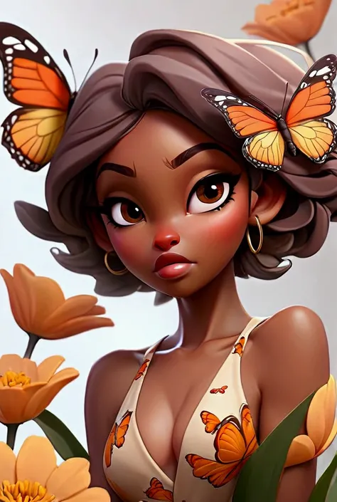 Sexy butterfly lady flying around flowers amine style Asian African brown skin Breasts, Short Hair, with other butterfly 