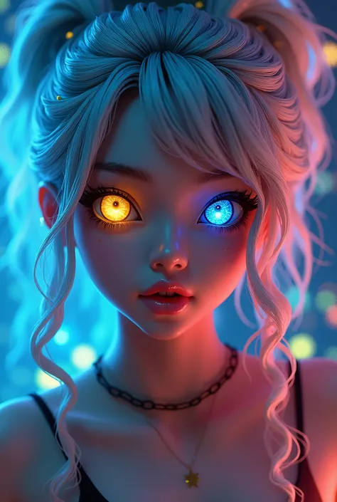 Better 3D images of masterpieces:1.5)0.9], (Beautiful Thai boxer:1.2) (Messy silver hair:1.1) (Different colored eyes:Yellow and blue:1.2) (Long curly hair:1.0) (Colorful stars in the eyes:1.0) (Fluorescent light:1.1) (thick lips:0.9)