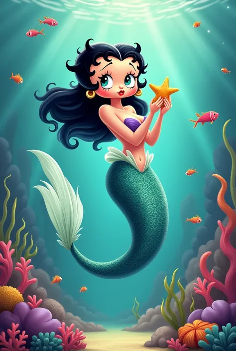 Betty boop，is mermaid，coral，Ocean Friends，shell，Waterweed，Holding a starfish，cute style