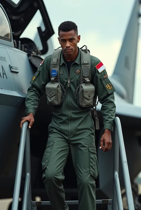 A fighter jet pilot, 20 year old African American teenage male with a height of around 164 cm, Climbing the cockpit stairs of an F-15E fighter jet, very detailed HDR quality, showing one index finger, The pilot wears a suit with an Indonesian flag badge an...