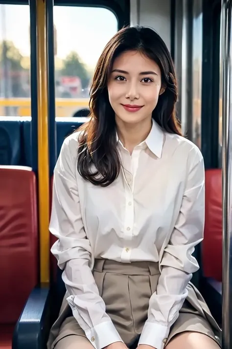 RAW, Best quality, high resolution, masterpiece: 1.3), Beautiful woman, sitting on 25years old man lap on a bus among men, crowded passenger bus, LONG HAIR, slim body, only wearing shirts, vagina shown, highres, no panties, 4k, HDR, 1girl, photorealistic, ...